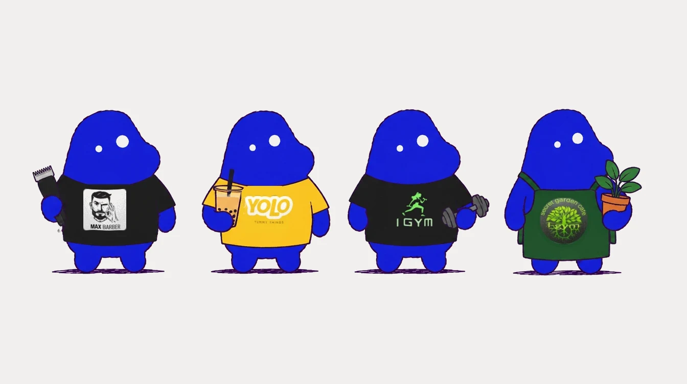 A lineup of illustrated blue business partners, each outfitted for a different business